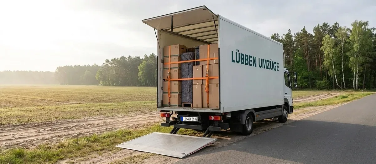 Beladener Umzugswagen mit gesicherter Ladung auf einer Landstraße vor der Abfahrt