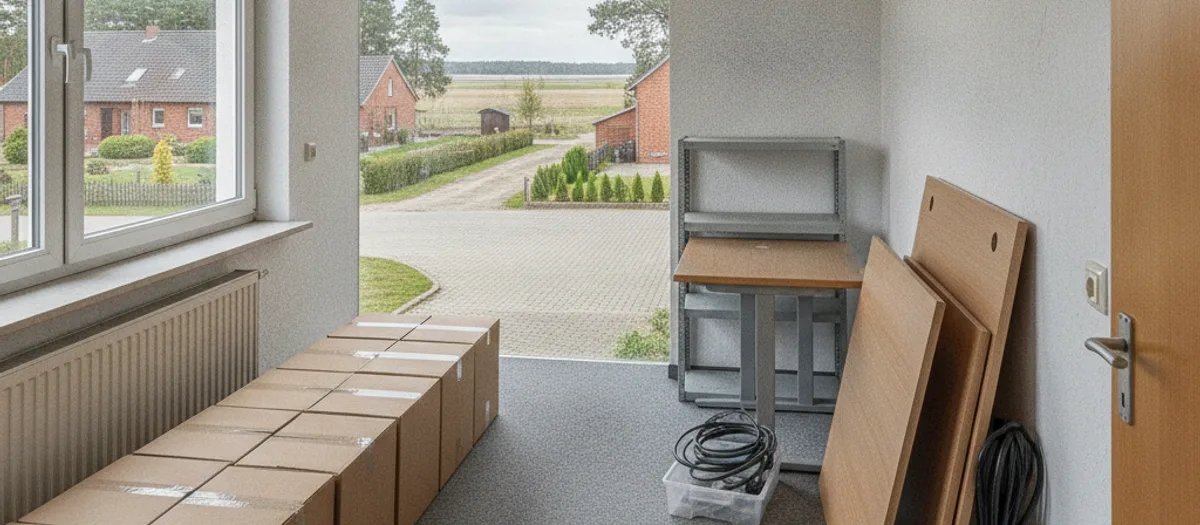Gestapelte Umzugskartons und zerlegte Schreibtische in einem geräumten Büro