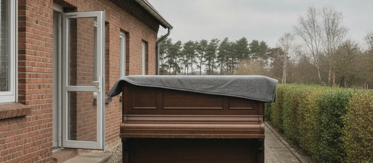 Ein abgedecktes Klavier steht transportbereit vor der Haustür eines Backsteinhauses