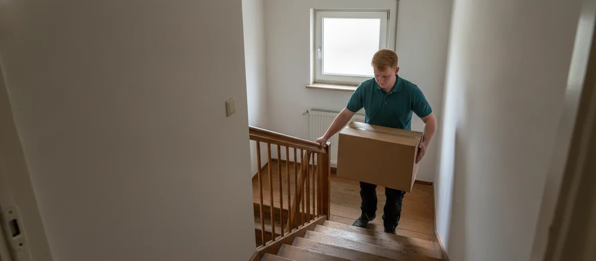 Umzugshelfer trägt einen Karton über eine schmale Treppe mit Wendepodest