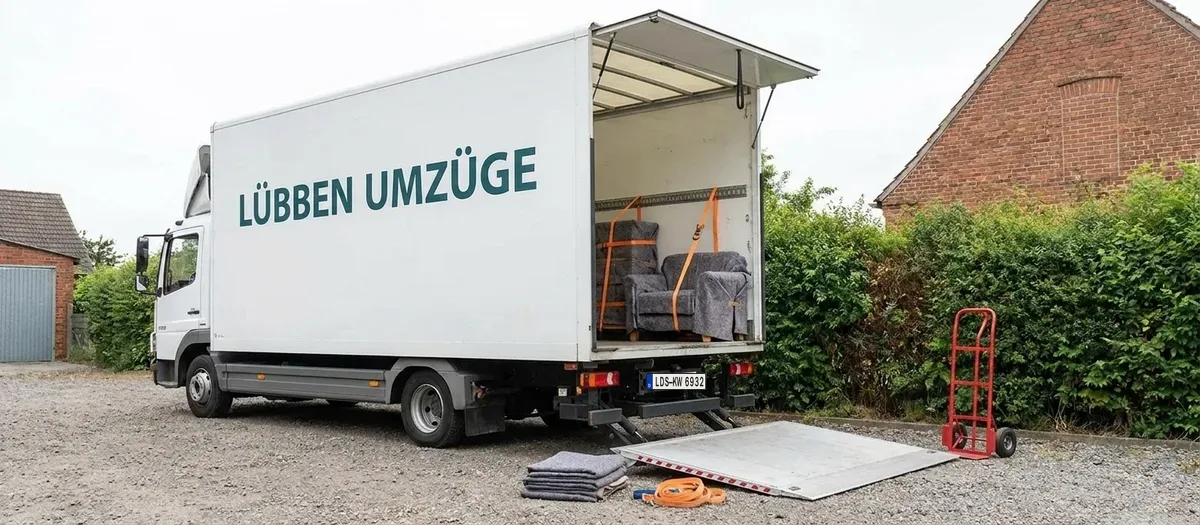 Beladener Umzugswagen mit gesicherter Ladung und aufgestellter Ladebordwand