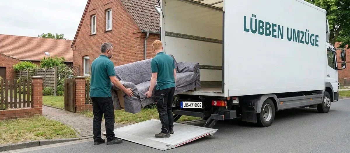 Ein in Decken gewickeltes Sofa wird über die Ladebordwand in den Umzugswagen geschoben