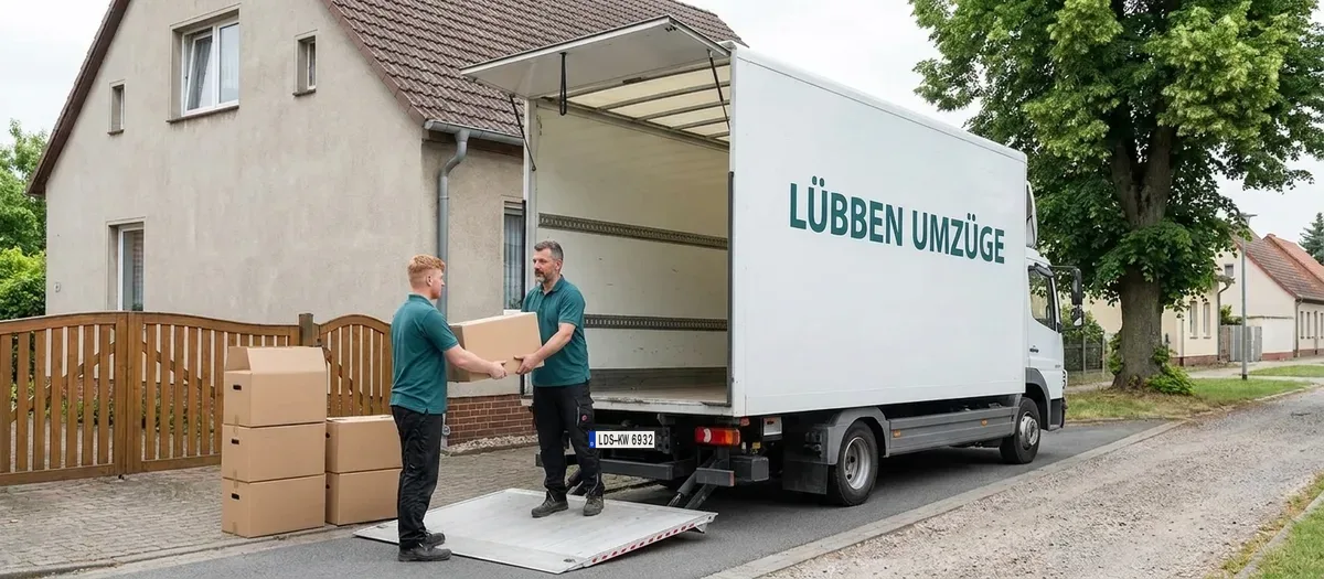 Umzugsteam belädt gemeinsam den Umzugswagen vor einem Wohnhaus