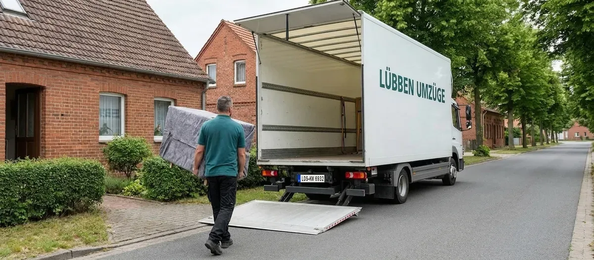 Helfer trägt eine verpackte Matratze zum geöffneten Umzugswagen am Straßenrand