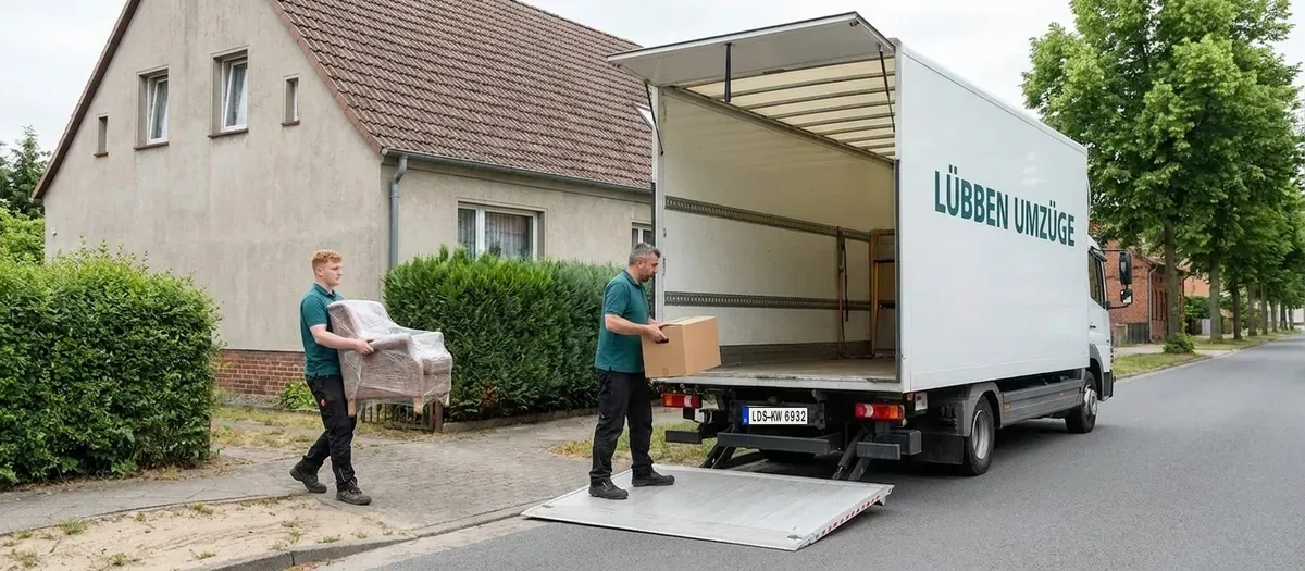 Umzugsteam lädt Kartons und verpackte Möbel in den Umzugswagen vor einem Wohnhaus