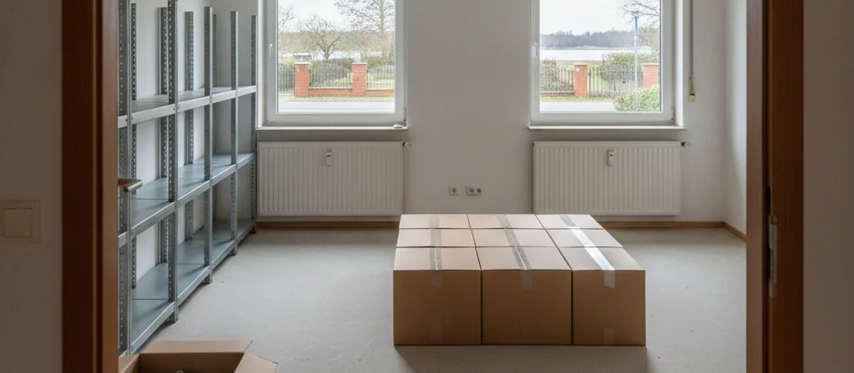 Leergeräumte Regale und gestapelte Kisten stehen zur Abholung in einem geräumten Gewerberaum bereit