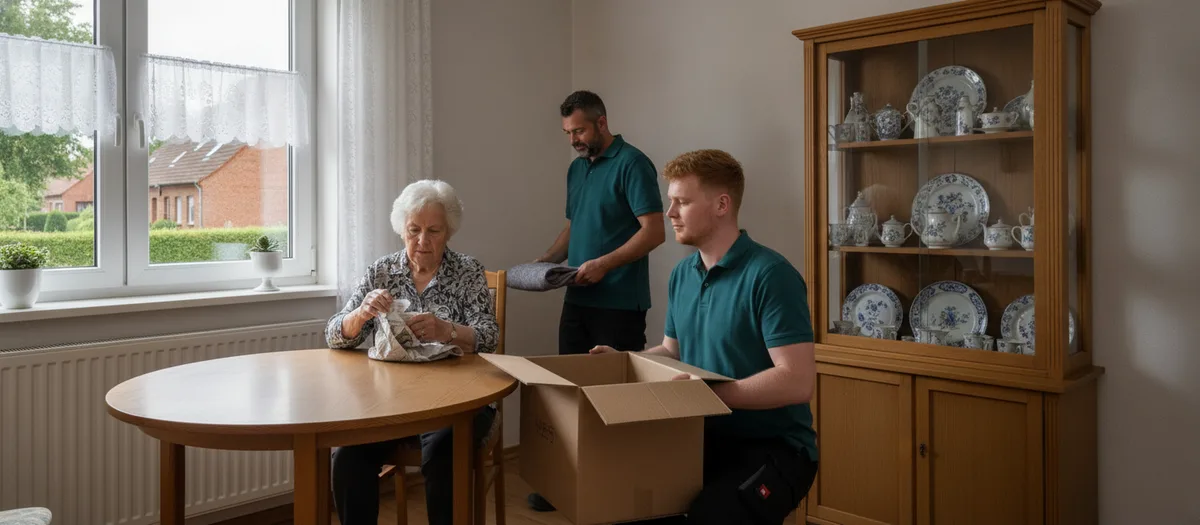 Umzugshelfer hält einer älteren Kundin den Karton auf, während sie Geschirr einpackt
