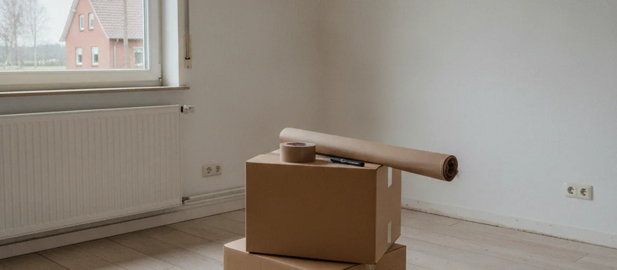 Umzugskartons stehen gestapelt neben Packpapier, Klebeband und Marker
