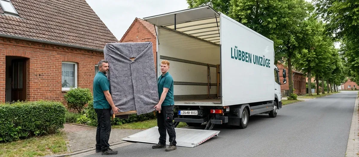 Umzugsteam trägt verpackte Möbel aus einem Hauseingang zum wartenden Umzugswagen