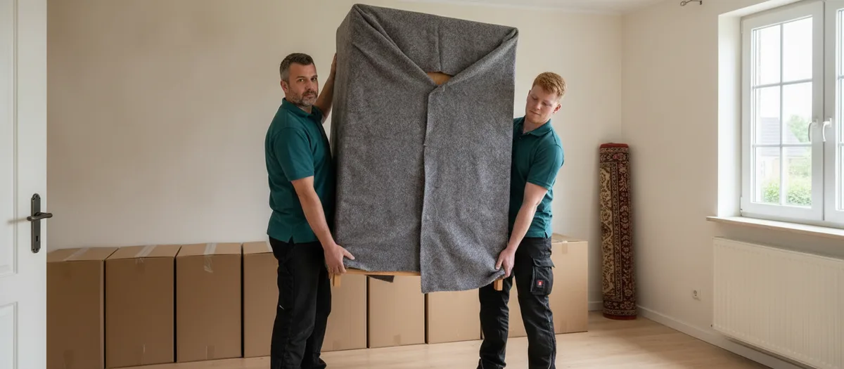 Zwei Umzugshelfer tragen einen in Decken verpackten Schrankkorpus durch ein leergeräumtes Zimmer