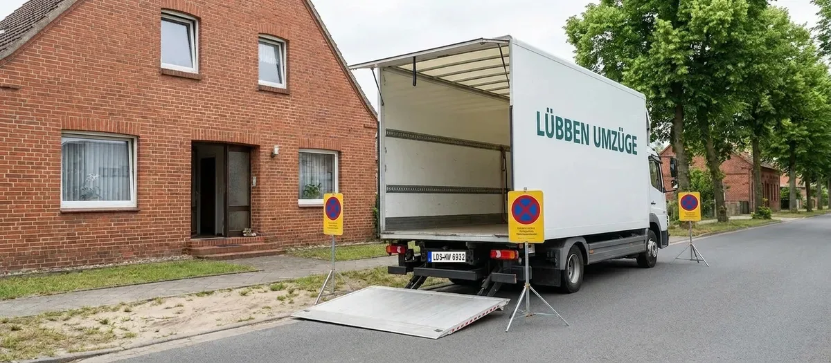 Umzugswagen mit geöffneter Ladebordwand steht dicht vor einem Hauseingang